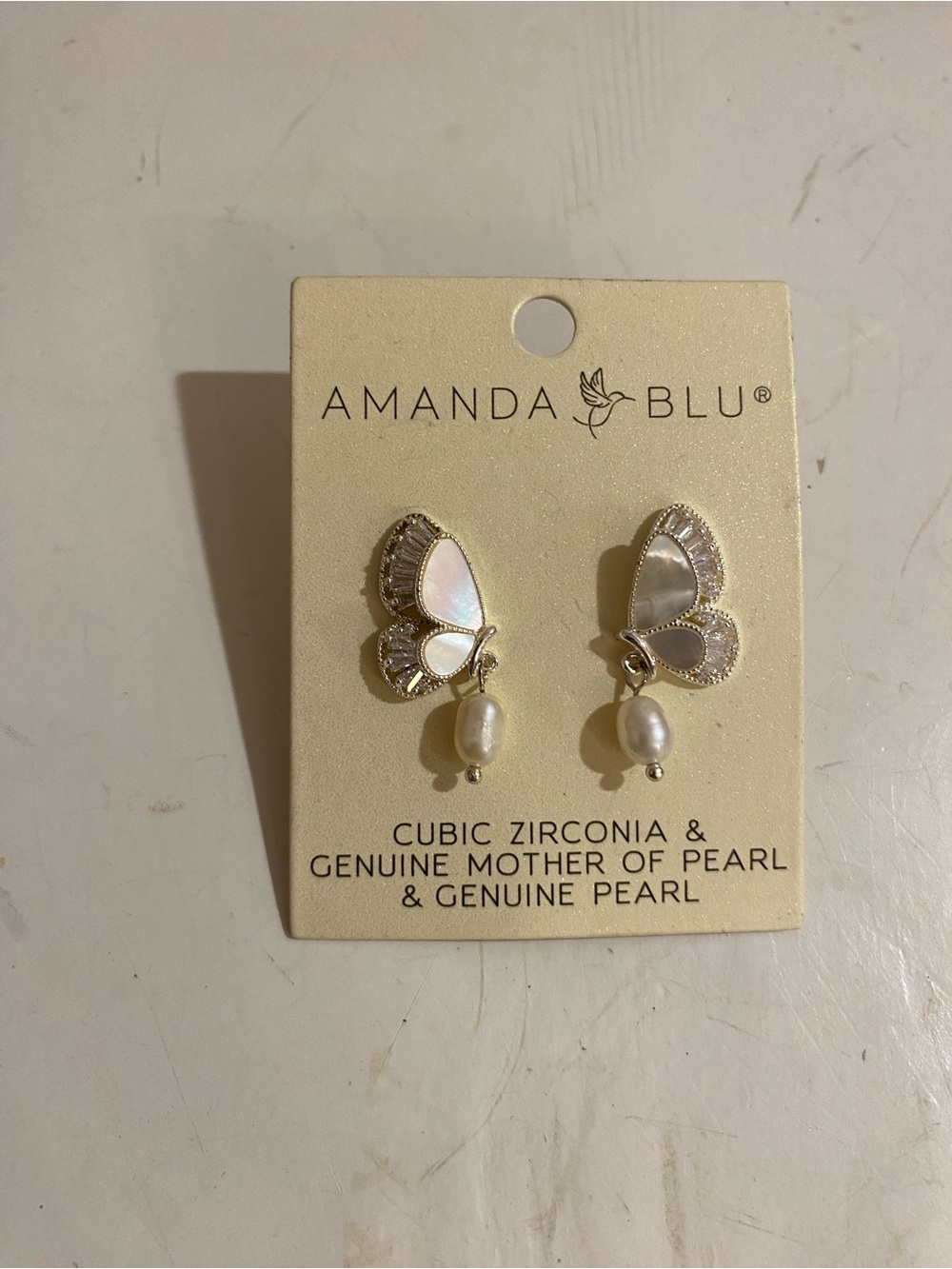 Amanda Blu Cubic Zirconia & Genuine Mother of Pearl Butterfly Post Earrings (RR) - Picture 2 of 7